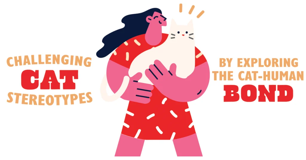 Challenging Cat Stereotypes by Exploring the Cat-Human Bond illustration with a pink lady holding a white cat